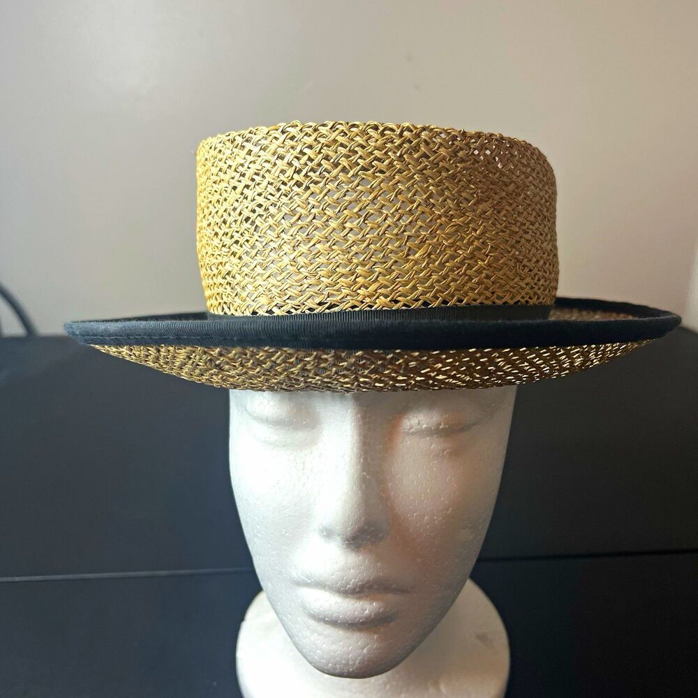 Vintage Straw Boater Hat Wicker Skimmer Black Ribbon Band 22in